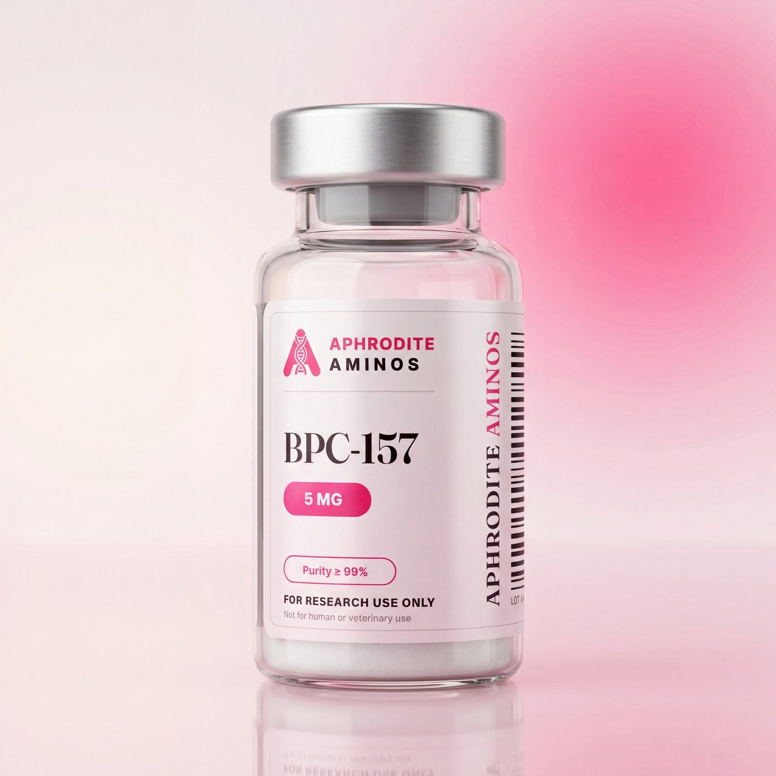 Aphrodite Aminos research-grade peptide vial on a soft pink studio backdrop